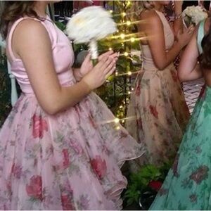 Floral Pink Hi- Low Prom Dresses
